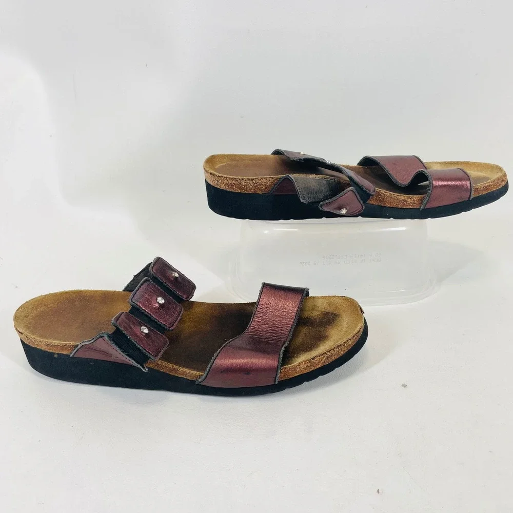Naot Women Metallic Burgundy Leather Slide Sandals Studded Cork Size EU 41 US 10